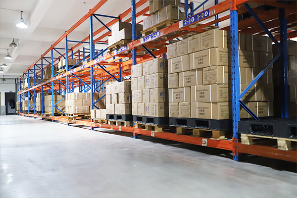 Warehouse racks with packaged goods